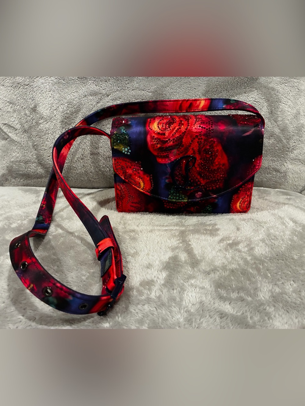Christian Louboutin Red and Blue Floral Crossbody with Embellished Detail
